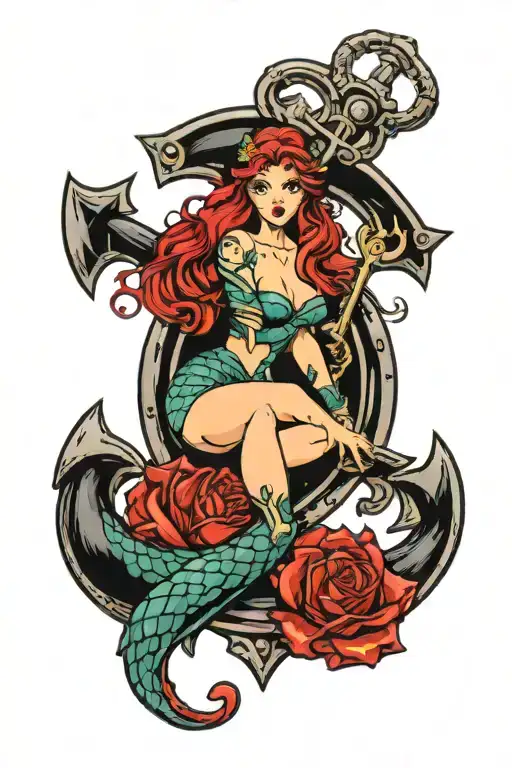 Ariel Mermaid Sitting On An Anchor Pinup Girl