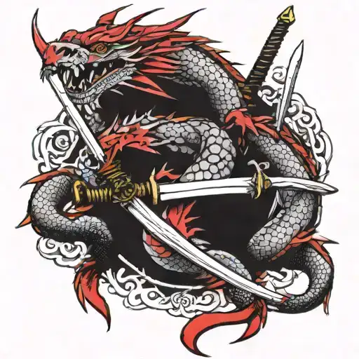 Red Dragon Surrounded By Two Samurai Swords