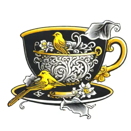 Teacup And Saucer With Yellow Bird And Army Tags As The Tea Tag