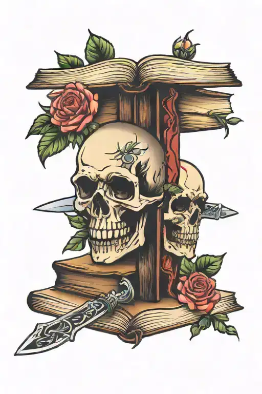 Open Books Roses Knife Skull