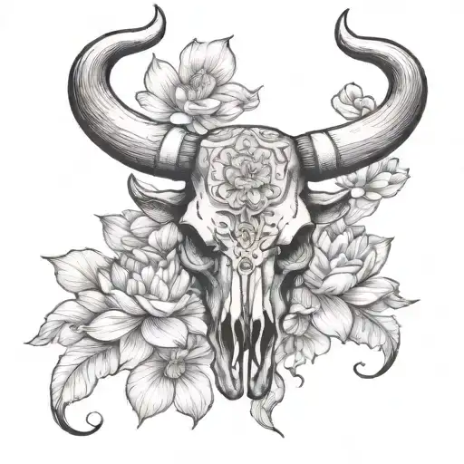 Bull Skull Surrounded By Lotus Flowers