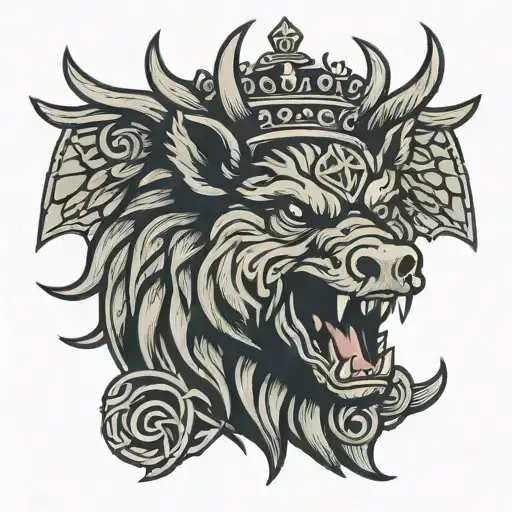 Boar Head With Sword And Wings Wearing A Crown Background Celtic Knot