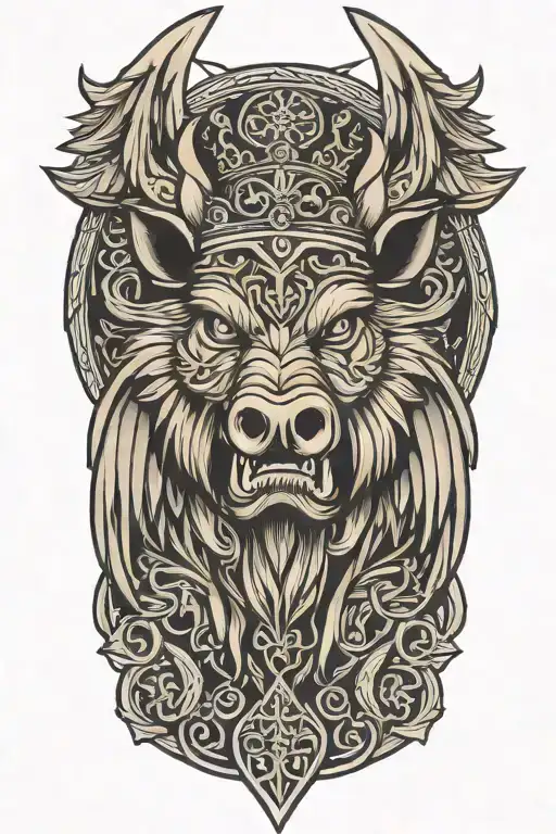 Boar Head With Sword And Wings Wearing A Crown Background Celtic Knot