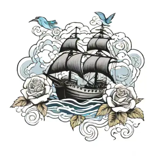 Bird Clouds Ship Roses