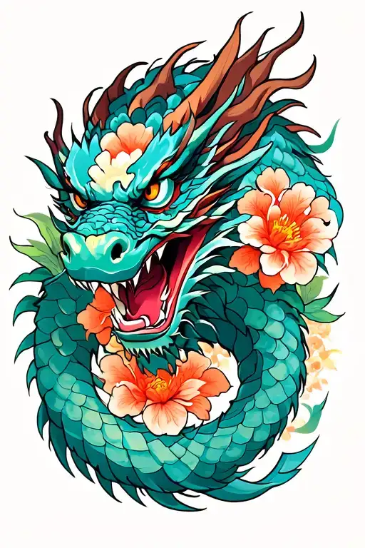 Japanese Dragon W Flowers