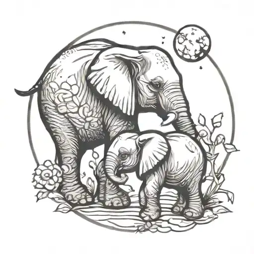 Baby And Mommy Elephant With Moon Outline