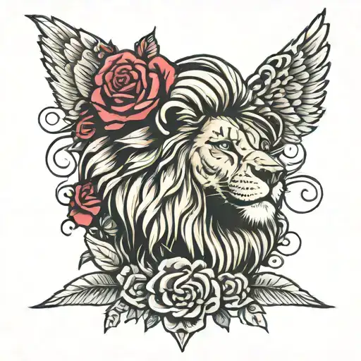 Lion Head On Rose Flowers With Blade And Wing