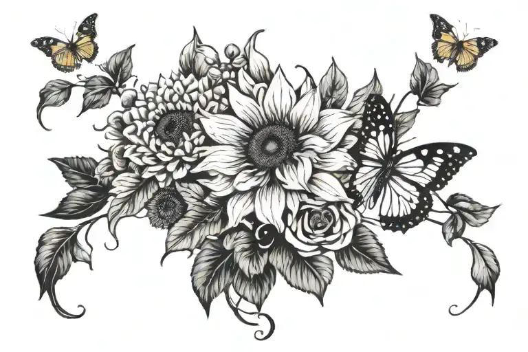 January Birth Flower And May Birth Flower Mixed With Sunflowers And A Butterfly