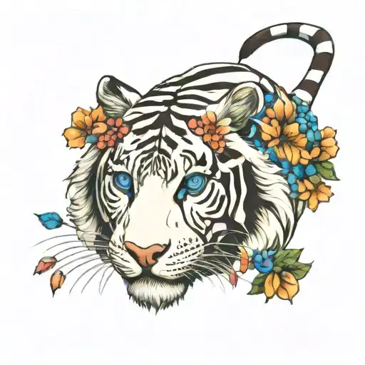 Colorful White Tiger With Blue Eyes And Flowers Intertwined