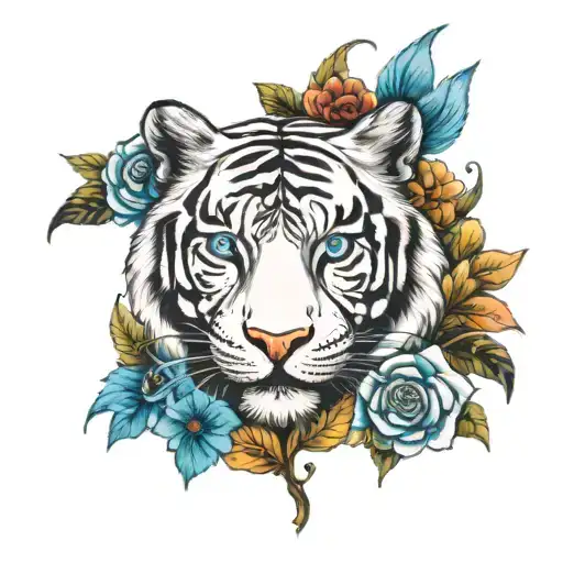 Colorful White Tiger With Blue Eyes And Flowers Blooming