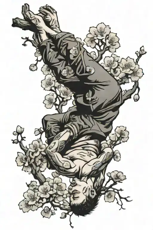 Man Hanging Upside Down From Cherry Blossom Tree Growing