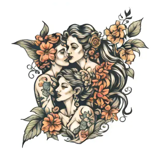 Mom And 2 Sisters With Flowers