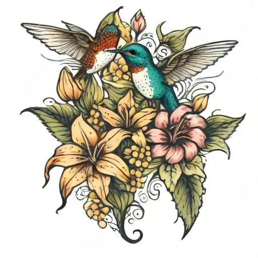 Lilies Sunflowers And Dogwood Flowers With Hummingbird