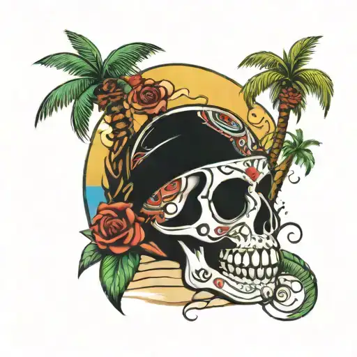 Sugar Skull On A Beach Scene With Palm