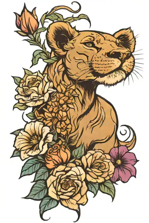 Lioness Symbolizing Strength With Aster And Morning Glory Flowers