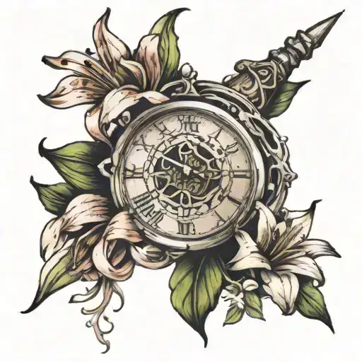 Lilies Wrapped Around Dagger Piercing A Melted Clock Face