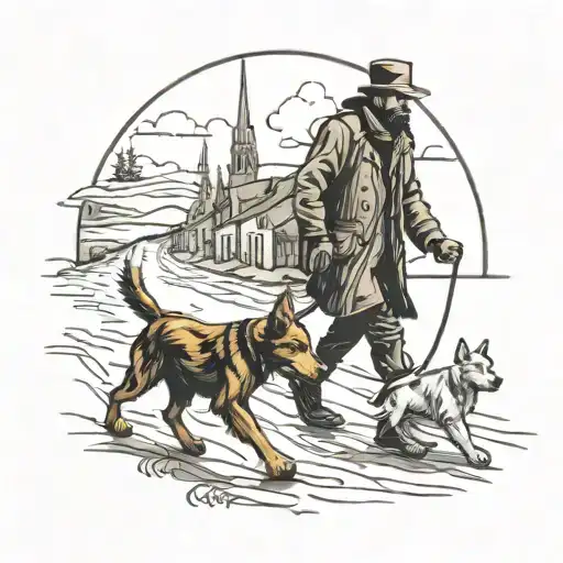 Man And Dog Walking Next To Eachother On An Endless Road