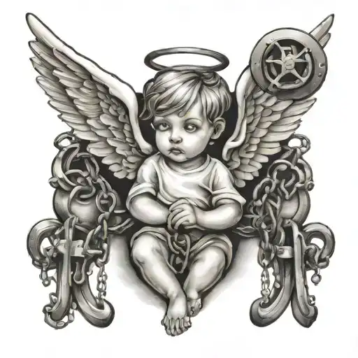 Angel And Child Tattoo Covered In Chains