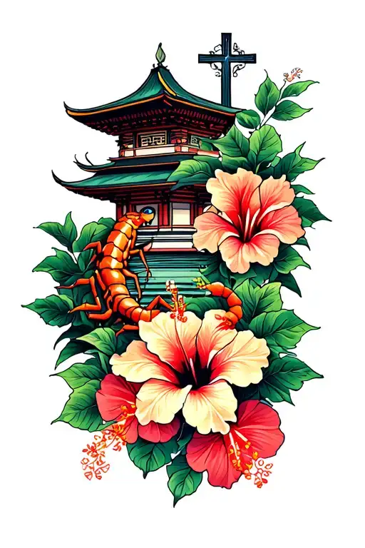 Hibiscus Flowers And A Scorpion And A Japaneese Temple And A Eye And A Cross