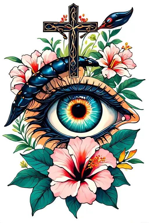 An Eye A Scorpion A Cross And Hibiscus Flowers Around