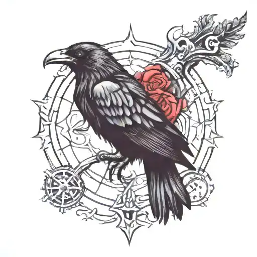 Make A Tattoo Sketch Of Vegvisir With A Raven In A Classic Style