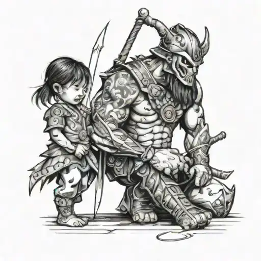 Warrior Standing Over Child Playing