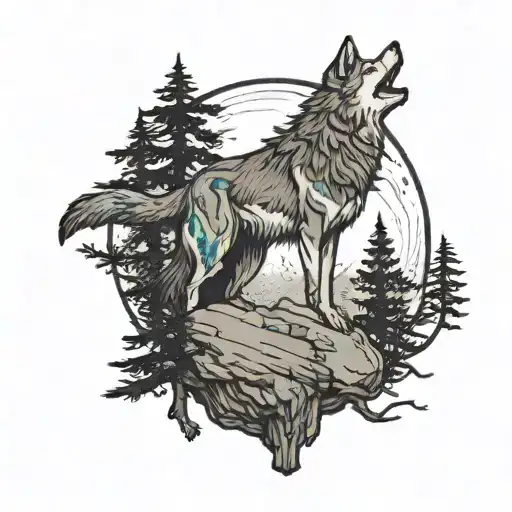 A Wolf On A Cliff In A Pinetree Forest Howling At A Full Moon