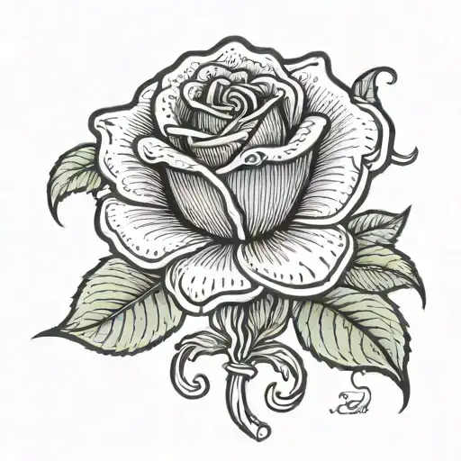 A Rose Tatoo With The Name Jezelle Spelt In A Stem