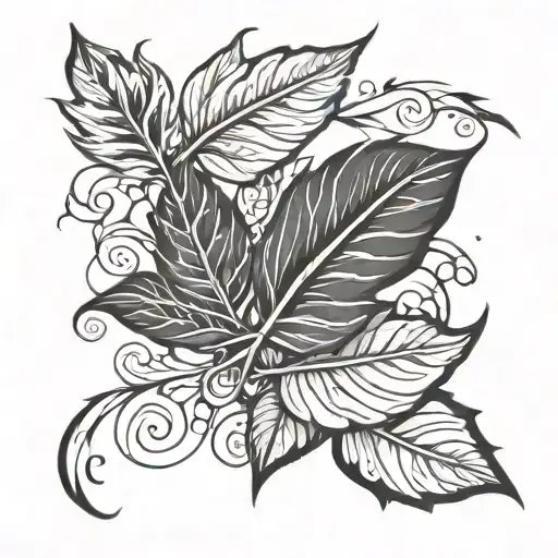 Black And White Tattoo Of Leaves Flying In The Wind