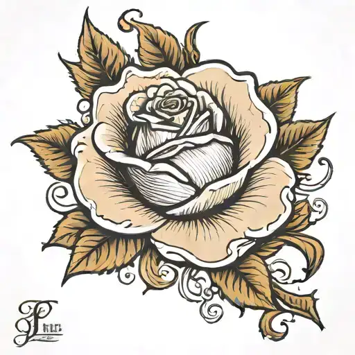 A Rose Tatoo With The Name Jezelle Spelt In A Stem