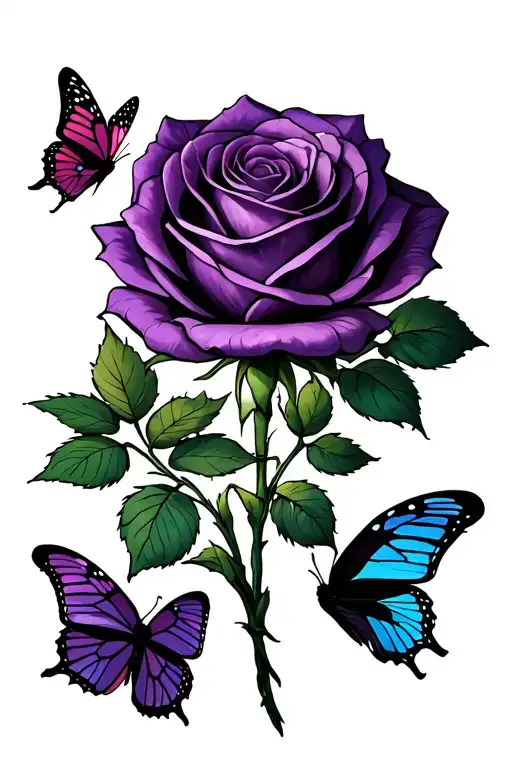 Purple Rose With Three Butterflies Flying Around It With Space In The Petals For Intails