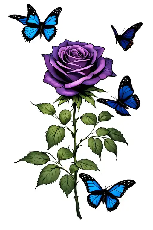 Purple Rose With Three Butterflies Flying Around It Just The Rose