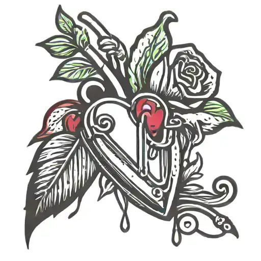 Black Tattoo Of Safety Pin With A Bleeding Heart Pinned To It