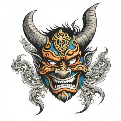Mongolian Cham Demon Mask Surrounded