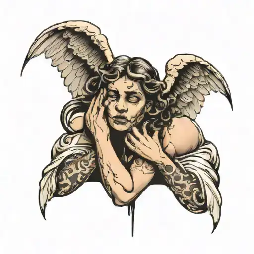 Crying Angel With Hands On Face