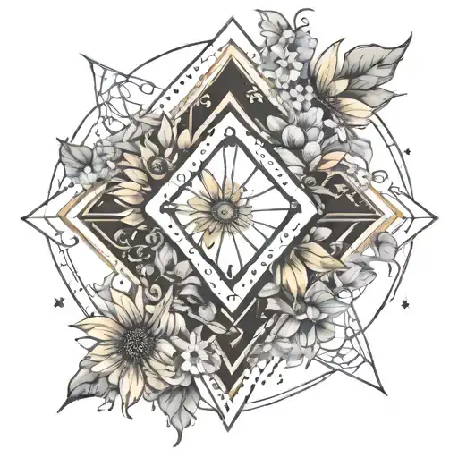 Rhombus That Has A Galaxy In The Center And The Edge Is Surrounded By Flowers And Sunflowers