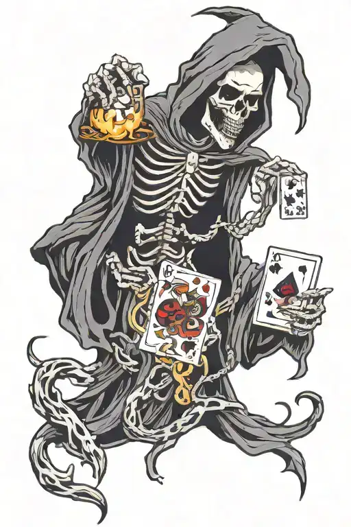 Grim Reaper Holding Ace With A Burning Jester Card In The Other Hand