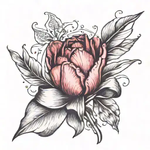 A Red Tulip With A Sprig Of Leaves Wrapped In A Dark Piece Of Paper With A Ribbon