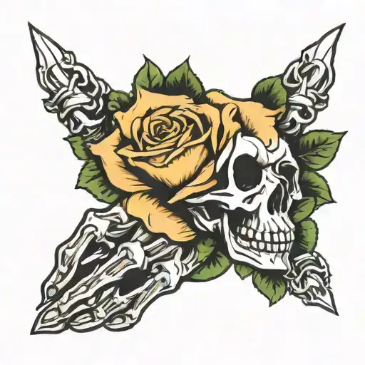 Hand Tattoo With Skeleton Hand And Rose Intertwined