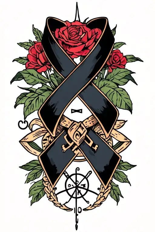 Black Ribbon And Symbols Of Strength And Courage In A Feminine Design