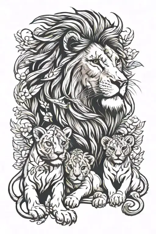 Lion With Three Baby Cubs Playing