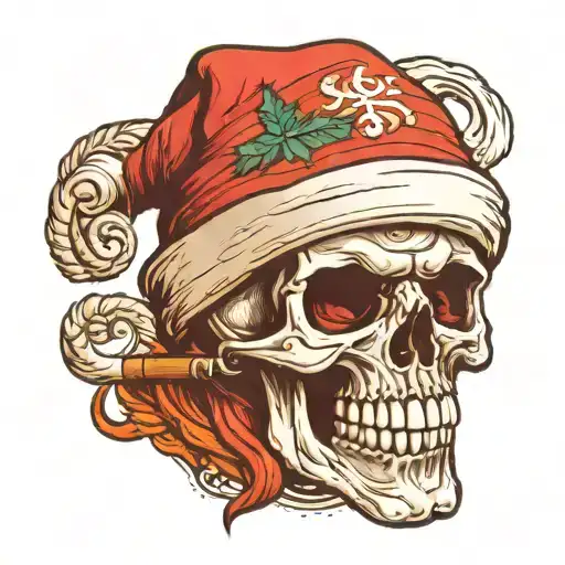 Skull Wearing A Santa Hat With A Cigar On His Mouth