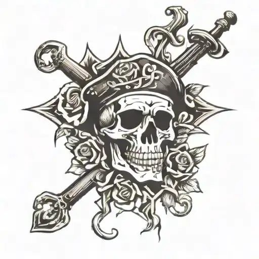 Upper Checht Rose With Cross Skull Pirate Boat