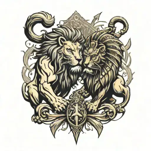 Lion And Spartans Fighting Alongside