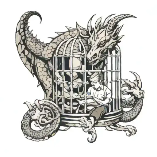 Dragon In A Cage In Front Of A Kid Reading A Book Open