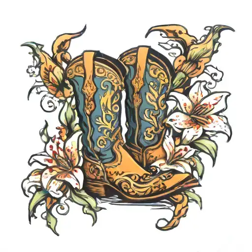 Cowboy Boot With Dragon Lilly Flowers