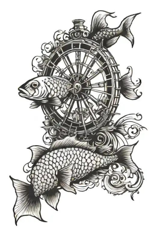 Ferris Wheel And Coy Fish Swimming