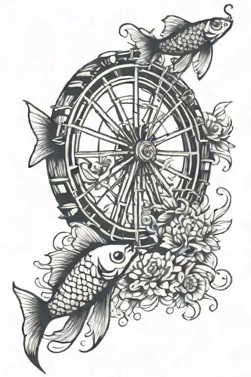 Ferris Wheel And Coy Fish Swimming