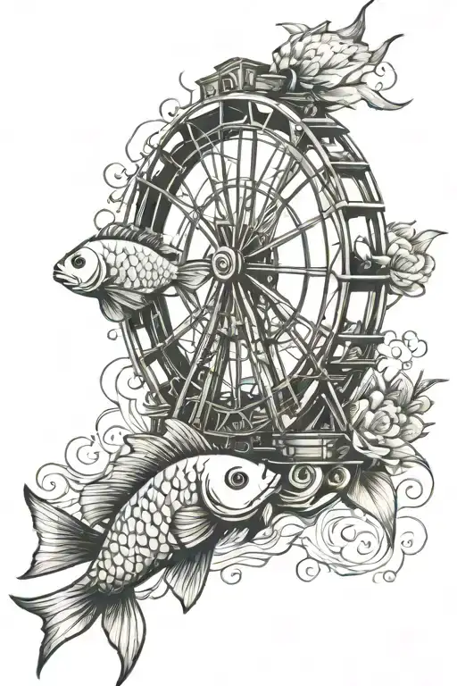 Ferris Wheel And Coy Fish Swimming