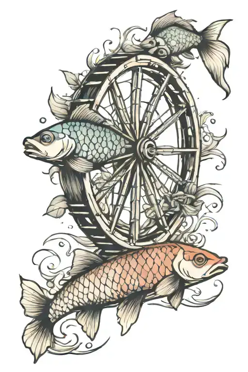 Ferris Wheel Faded Into Coy Fish Swimming Upstream